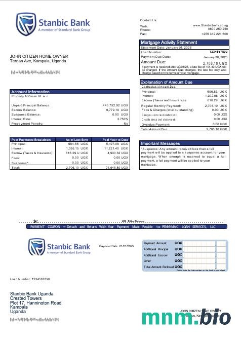 Uganda Stanbic Bank wyciąg z kredytu hipotecznego w formatach Word i PDF